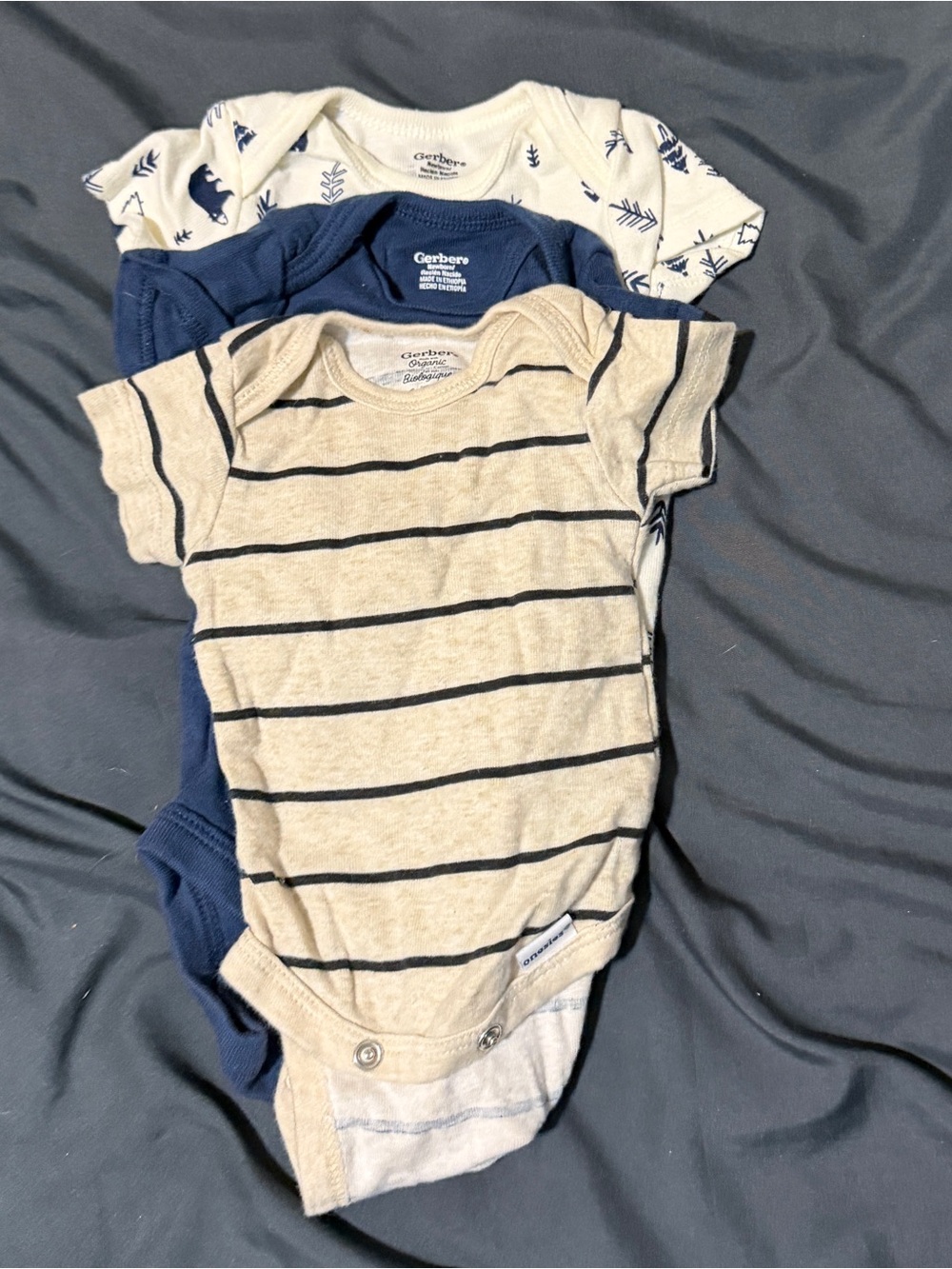 3 pack Gerber Beige Striped, Navy & White Graphic Baby One-Piece Bodysuit Set
